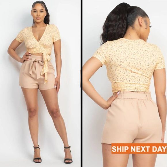 Waist Tie Wrap Plunging Neck Top - Crop top - Tie-waist top - top - Picture 4 of 6